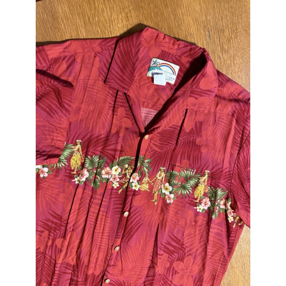 Vintage Paradise Found‎ Hawaiian Shirt Large Red Hula Girl Border Rayon